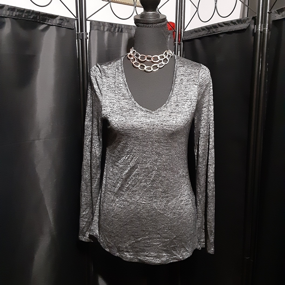 White House Black Market Metallic Gray Long Sleeve Top